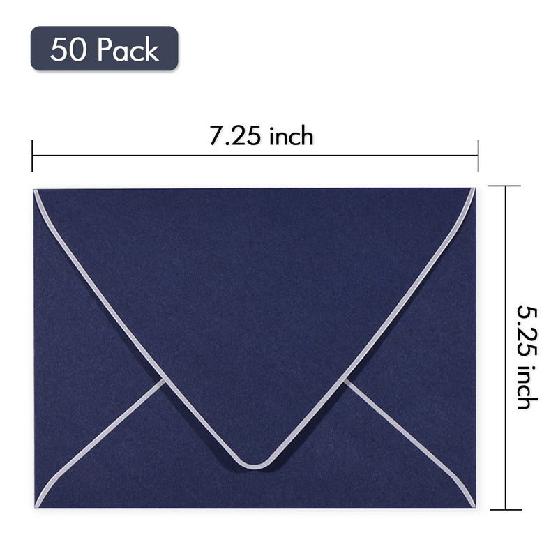 AZAZA A7 Navy Envelopes With Silver Border, Invitation 5 x 7 Envelopes - 50 Pack For 5x7 Cards| Self Seal| Perfect for Weddings, Invitations, Photos, Baby Shower| 5.25 x 7.25inch (Nbole Blue-Silver Border) - Image 2